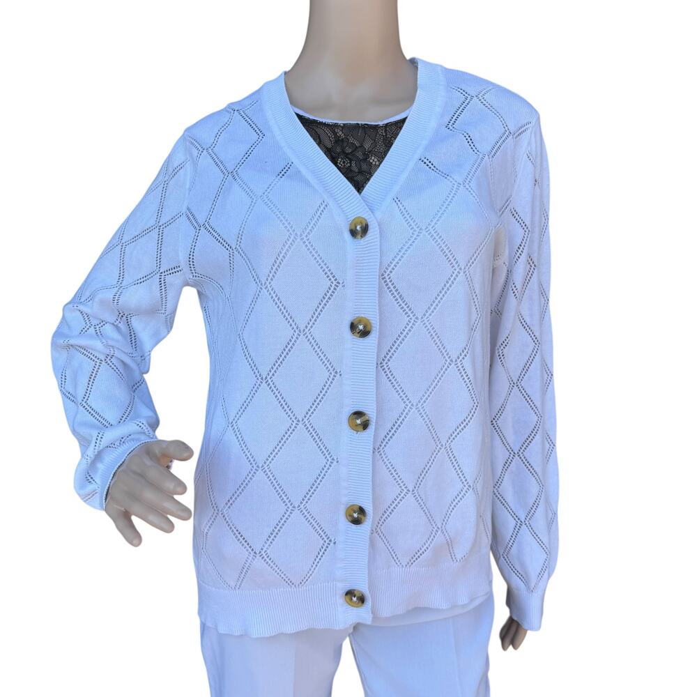Serra Pointelle Knit Cardigan Sweater White Diamond Open Knit Cotton Womens M
